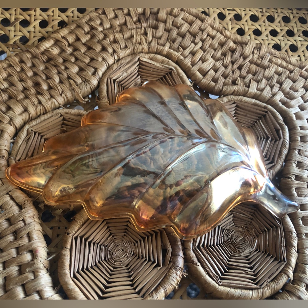 Vintage Marigold Orange Carnival Glass Leaf Shape Trinket Dish Circa 60s--50s - Picture 7 of 10